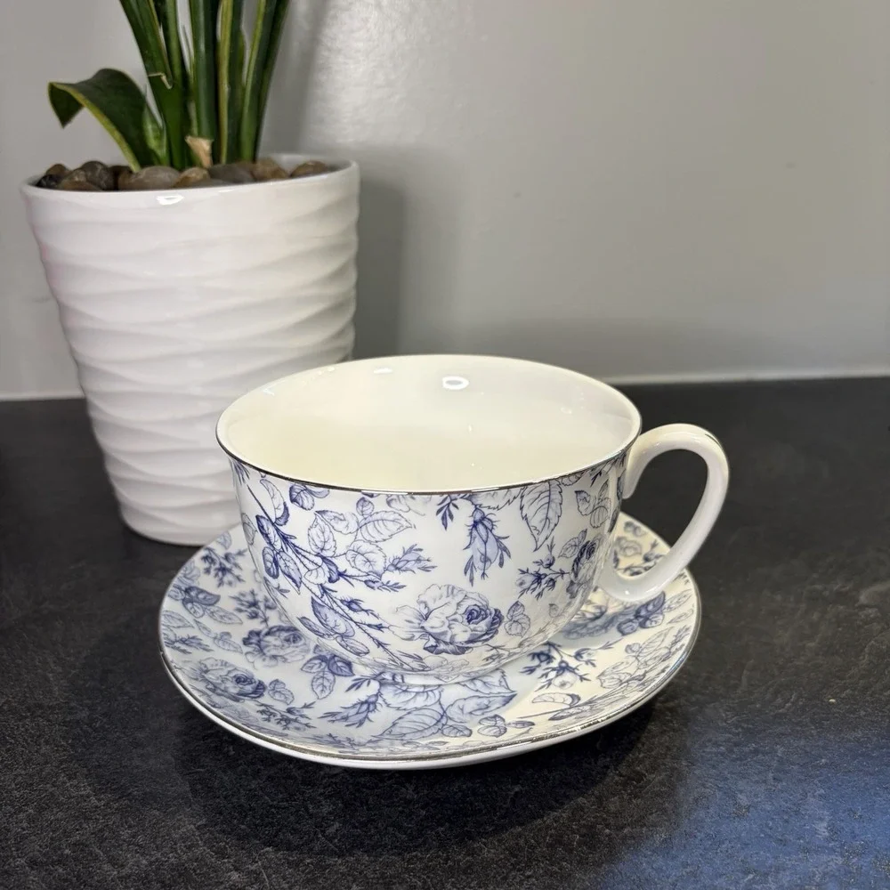 Grace Teaware Blue Rose Toile Fine Porcelain Oversized 16oz Tea Cup & Saucer EUC